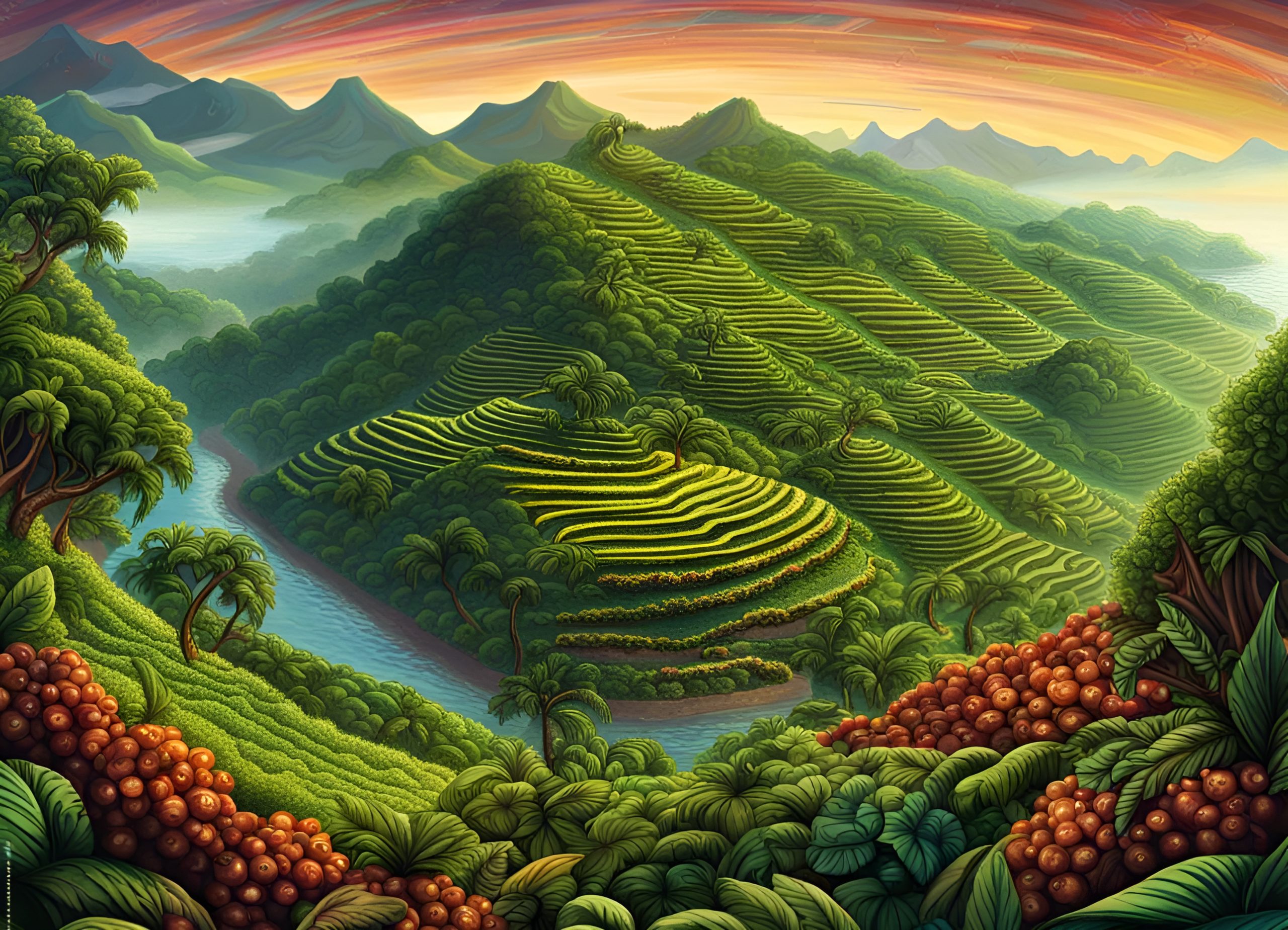 Java island with coffee plantations on mountain hills.