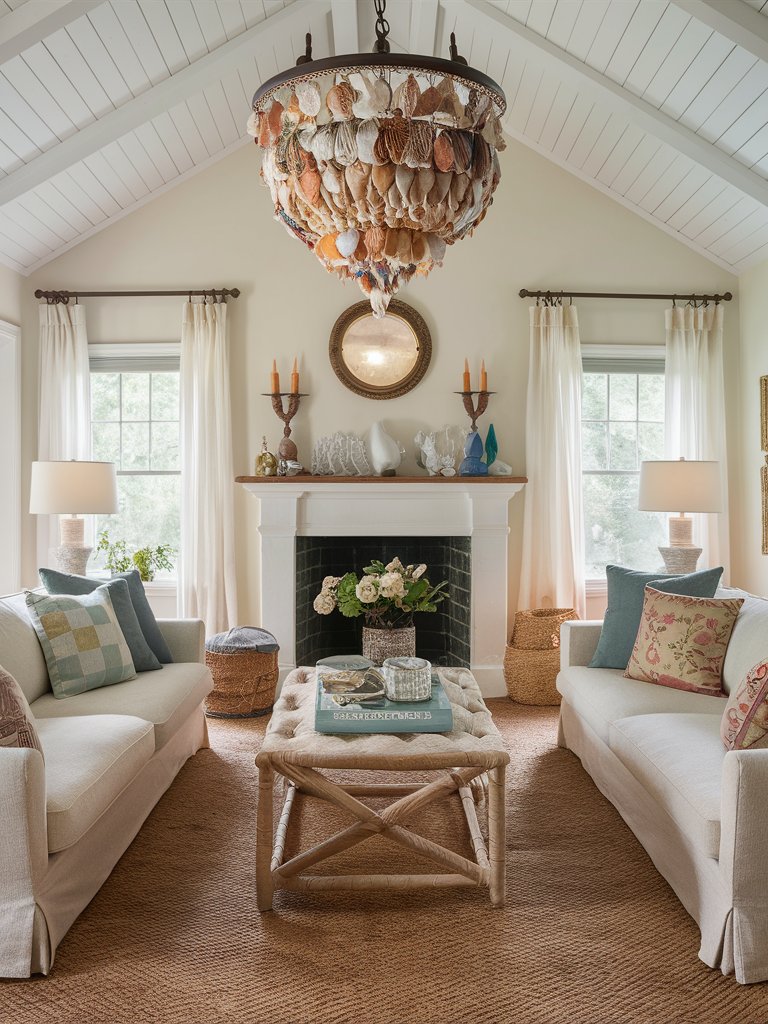 Consider a chandelier or light fixture made from seashells for a unique focal point.