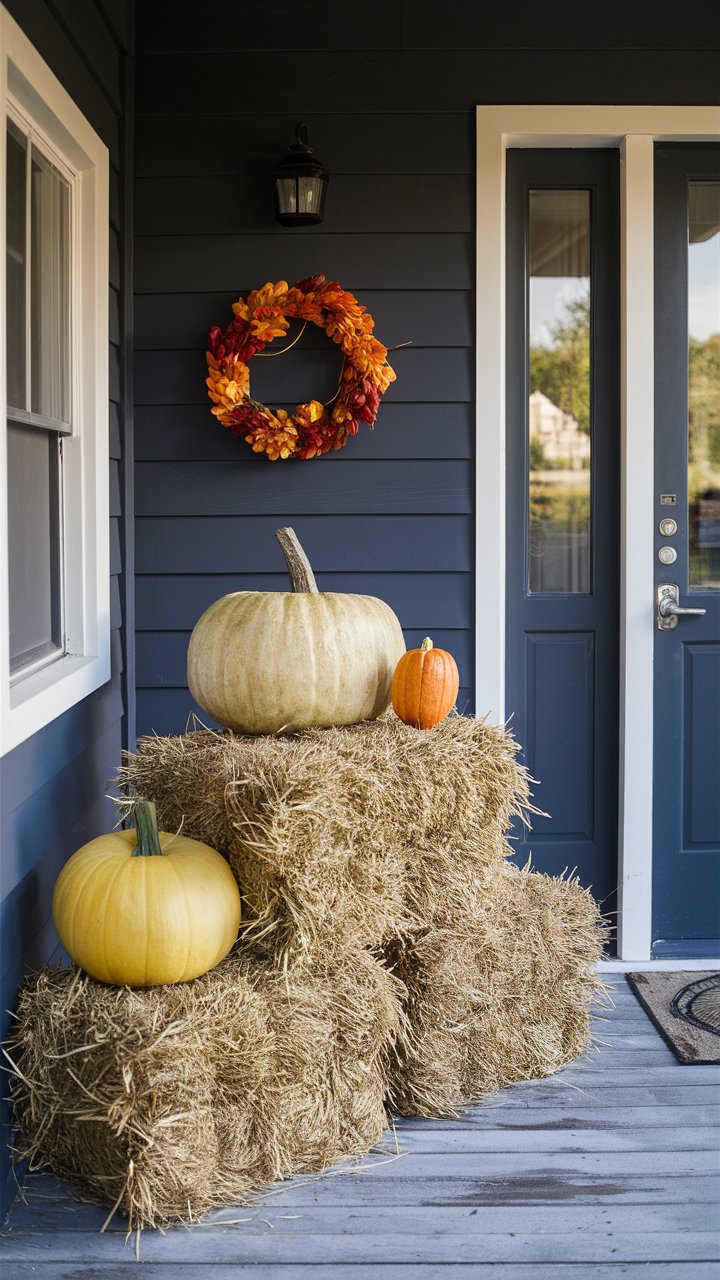  Small hay bales can be found at craft stores and make great decorative pieces.
